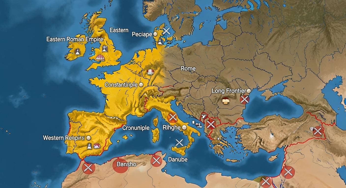 A strategic map of the Roman Empire showing its division into the Western and Eastern halves. The East (Byzantium) is colored in gold and shows major trade routes and cities, while the West is colored in a muted bronze and shows long, vulnerable frontier lines marked with crossed swords.