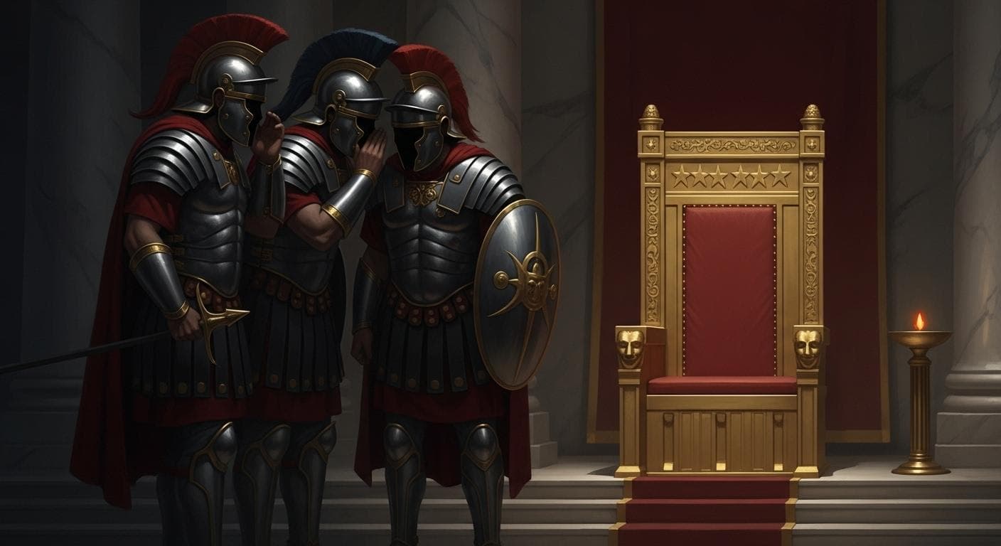 A conceptual image of the Praetorian Guard, depicted as three shadowy, imposing figures in ornate, dark Roman armor with plumed helmets, whispering conspiratorially behind a golden, empty emperor's throne in a dimly lit marble hall.