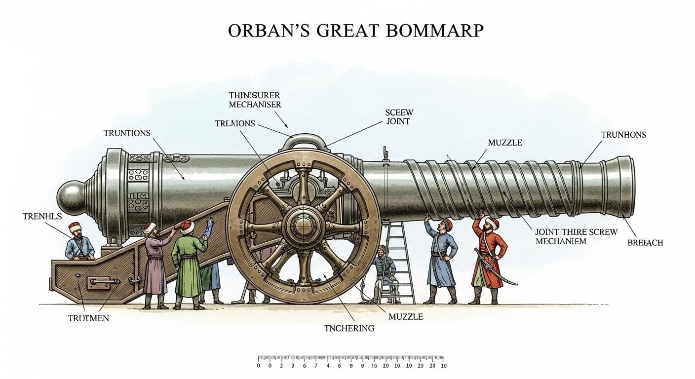 A detailed technical illustration of Orban's great bombard, the 'Basilic,' showing its two-part bronze construction and immense scale compared to the Ottoman soldiers operating it.