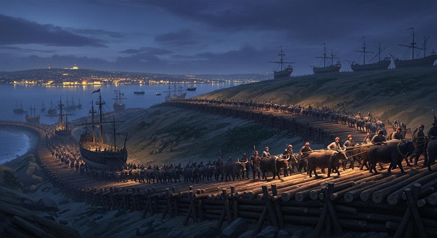 A dramatic wide-angle view of the Ottoman fleet being dragged overland on greased logs at night, bypassing the great chain of the Golden Horn to enter the harbor of Constantinople.