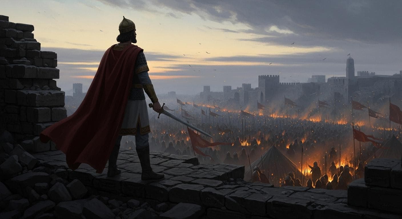 The last Byzantine emperor, Constantine XI, seen in silhouette against the dawn sky, standing on a damaged battlement of Constantinople, sword in hand, facing the overwhelming Ottoman army below.