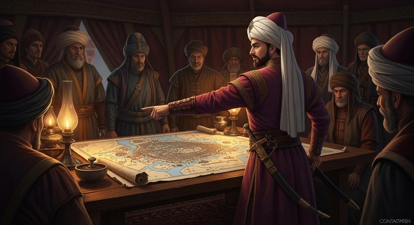 A determined young Sultan Mehmed II, seen from behind, looking over a detailed map of Constantinople in a campaign tent, surrounded by his advisors.