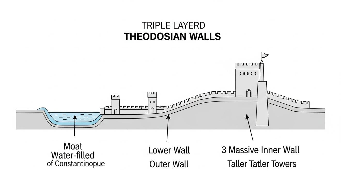 A diagram showing the defensive layers of the Theodosian Walls of Constantinople, with a wide moat, a lower outer wall with towers, and a massive, tall inner wall with larger towers.