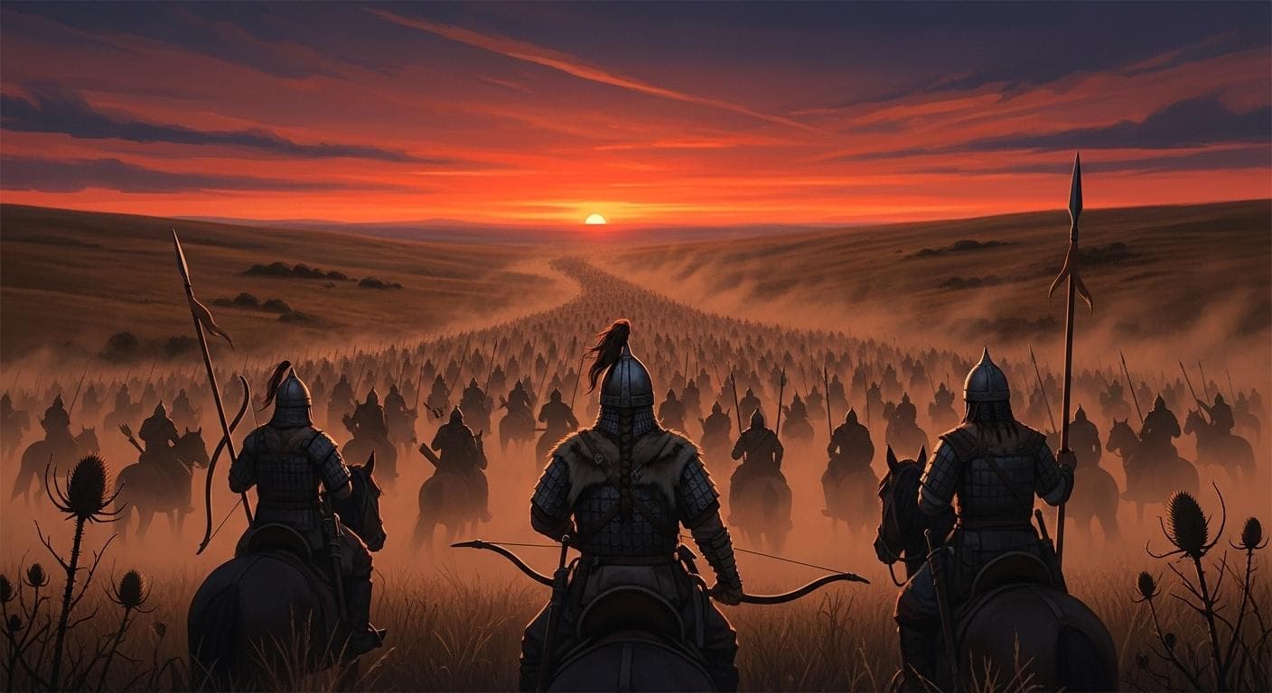 A vast, cinematic shot of a massive horde of Hunnic warriors on horseback on the Eurasian steppes, their silhouettes dark against a dramatic, dusty sunset, conveying a sense of unstoppable momentum and impending doom.