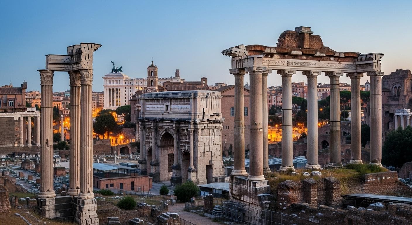 A powerful conceptual image showing the ancient ruins of the Roman Forum in the foreground, with the skyline of a modern, bustling city visible in the background, symbolizing the enduring legacy of Rome in the modern world.