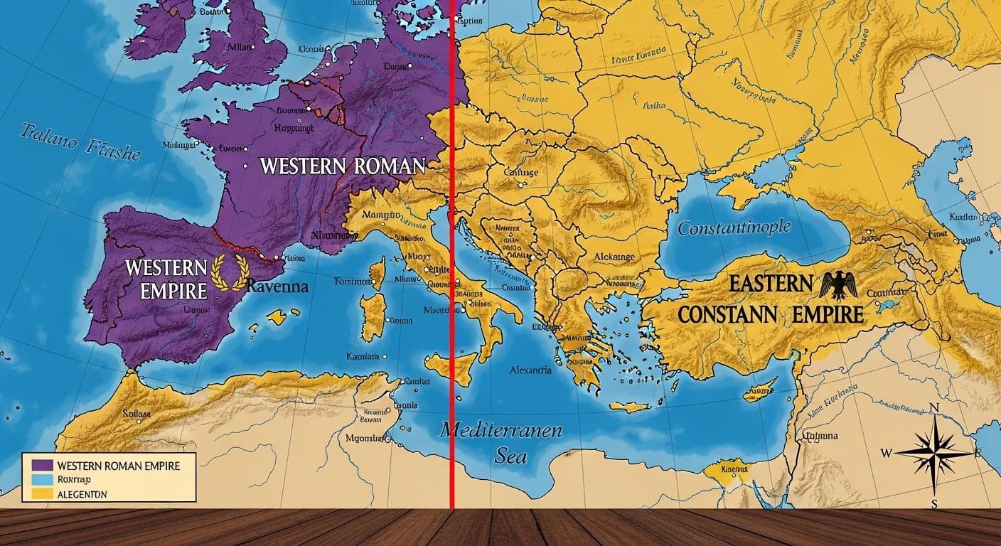 A map of the Roman Empire circa 395 AD, clearly showing the line of division between the Western Roman Empire and the Eastern Roman Empire, with their respective capitals highlighted.