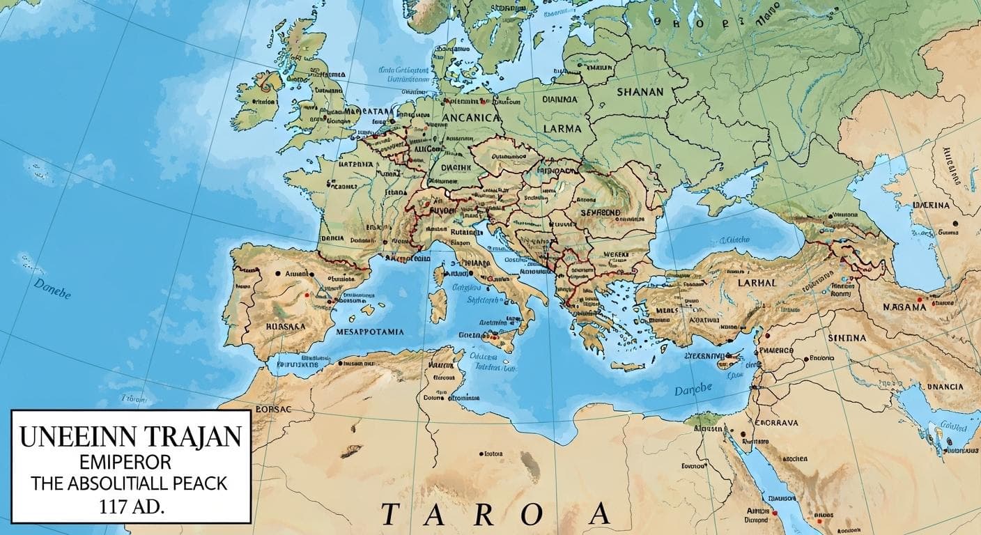 A detailed map of the Roman Empire at its greatest extent under Emperor Trajan in 117 AD, showcasing its vast territory from Britain to Mesopotamia.
