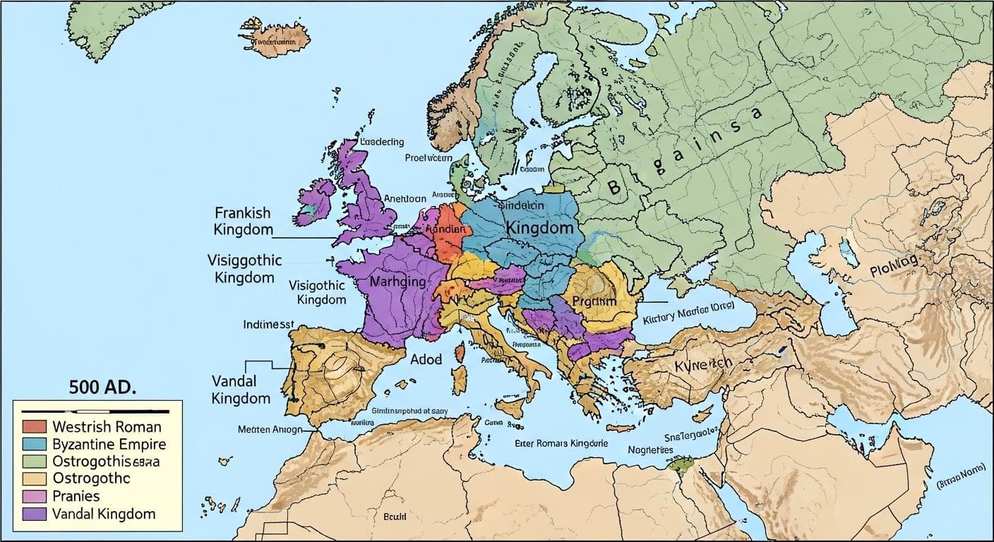 A political map of Europe around 500 AD, showing the territories of the new successor kingdoms that emerged after the collapse of the Western Roman Empire, such as the Frankish, Visigothic, and Ostrogothic kingdoms.