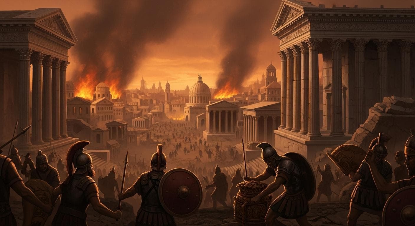 A dramatic scene depicting the Sack of Rome in 410 AD by the Visigoths. Smoke fills the sky as Gothic warriors plunder ancient temples and forums, with Roman citizens fleeing in terror.