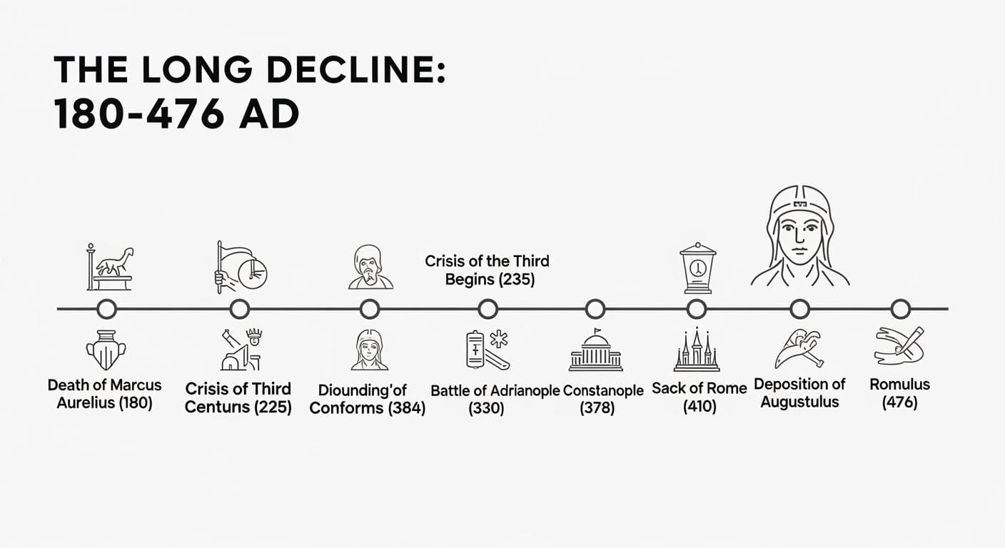 A clean, professional infographic timeline showing key events in the fall of the Roman Empire, from the death of Marcus Aurelius in 180 AD to the deposition of Romulus Augustulus in 476 AD, with icons for major battles, reforms, and sacks of the city.