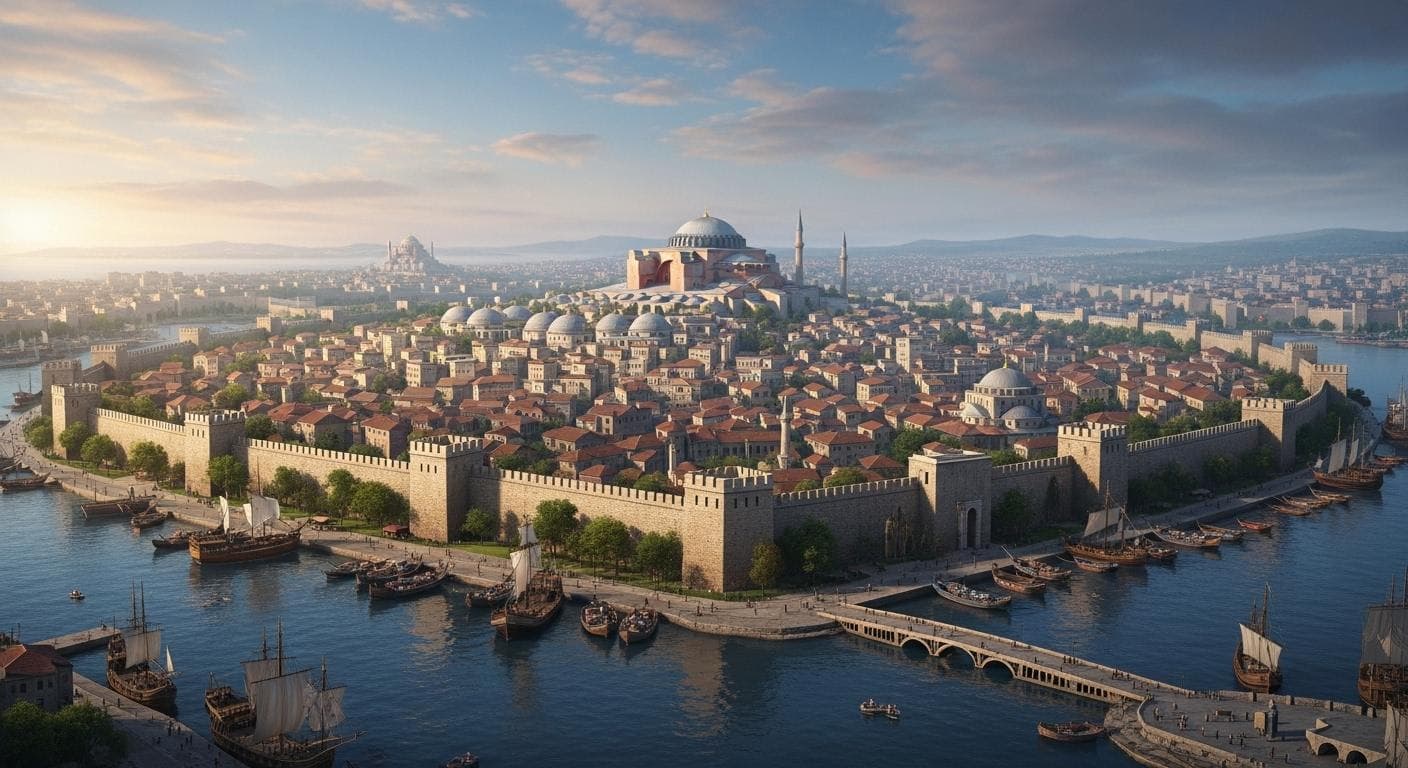 A majestic, awe-inspiring panoramic view of the city of Constantinople at its height, showcasing the massive Theodosian Walls, the Hagia Sophia, and a bustling harbor filled with ships, conveying strength and prosperity.