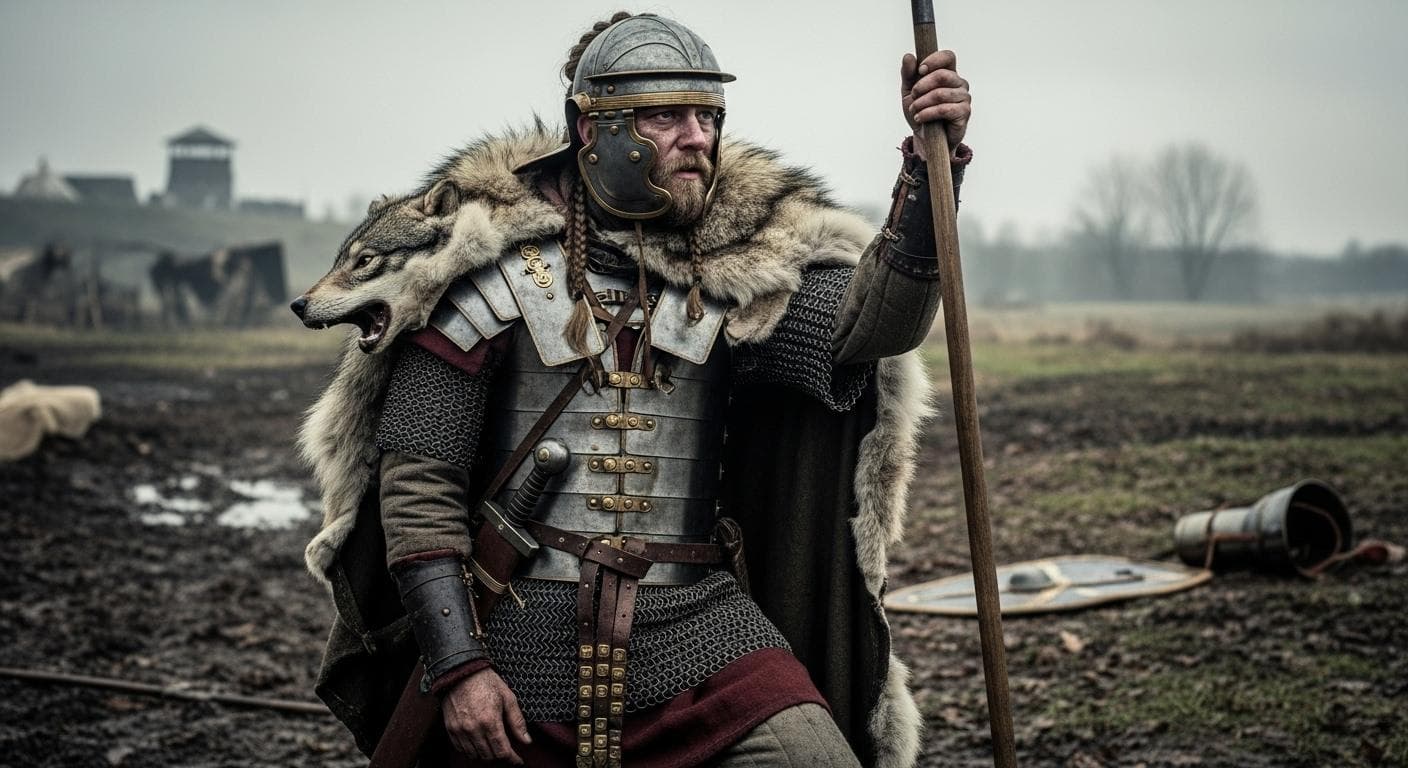 A conceptual portrait of a weary, battle-worn Roman auxiliary soldier, clearly of Germanic descent, his equipment a mix of Roman and tribal gear, his expression reflecting disillusionment and fatigue.