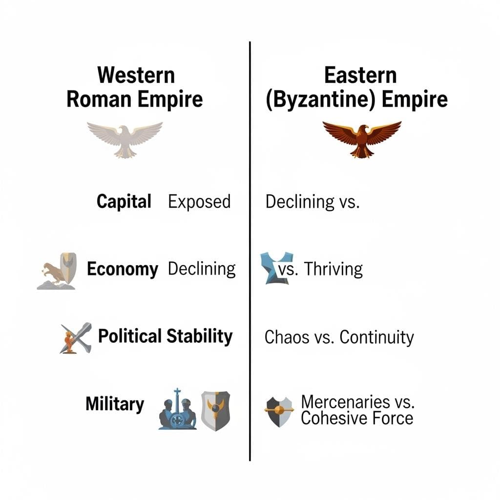 A simple but clear comparison chart with two columns, one for the Western Roman Empire and one for the Eastern (Byzantine) Empire, comparing key factors like Capital City, Economic Base, Political Stability, and Military Strength.