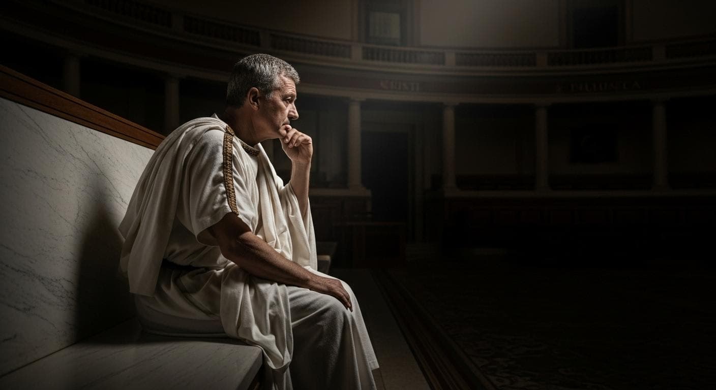 A thoughtful, middle-aged Roman senator in a toga, viewed from the side, sitting alone in the dimly lit, cavernous Senate chamber, his face etched with worry as he contemplates the crisis of the state.