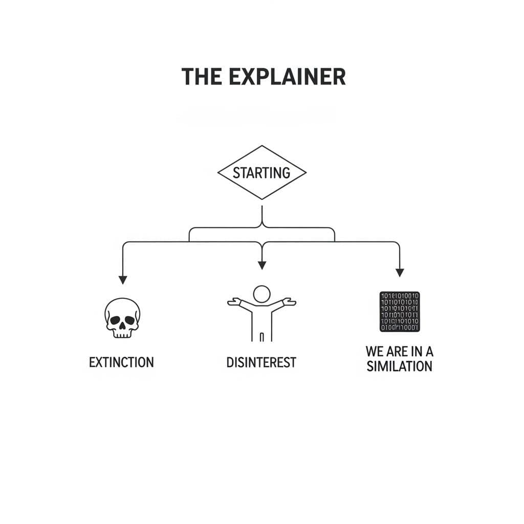A conceptual flowchart illustrating Nick Bostrom's simulation trilemma, showing three branching paths leading to 'Extinction', 'Disinterest', and 'We are in a Simulation'.