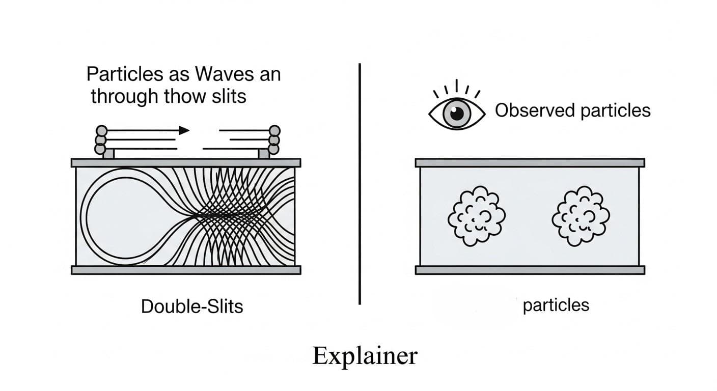 A clean scientific diagram illustrating the double-slit experiment, showing on one side electrons as waves creating an interference pattern, and on the other side observed electrons as particles creating two distinct clumps.