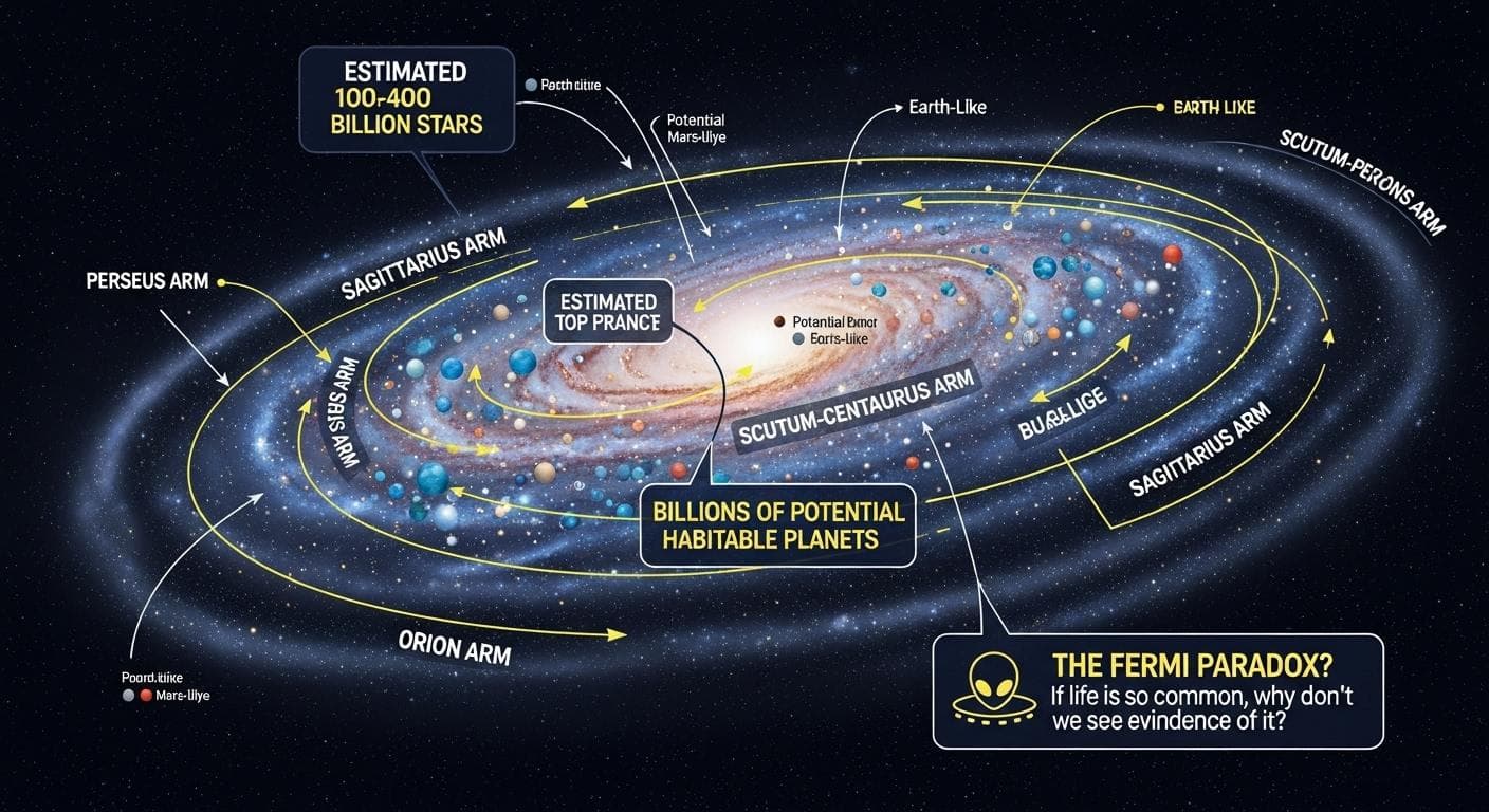An artistic diagram showing the vast scale of the Milky Way galaxy, with labels pointing to the spiral arms and the potential location of billions of habitable planets, highlighting the statistical mystery of the Fermi Paradox.