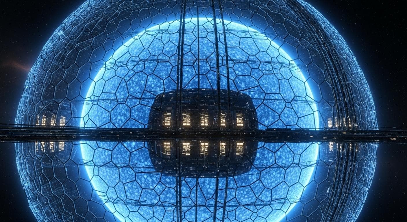 A colossal Dyson Sphere glowing brilliantly as it encases a star, harnessing its immense energy, representing the scale of computation needed for a universal simulation.