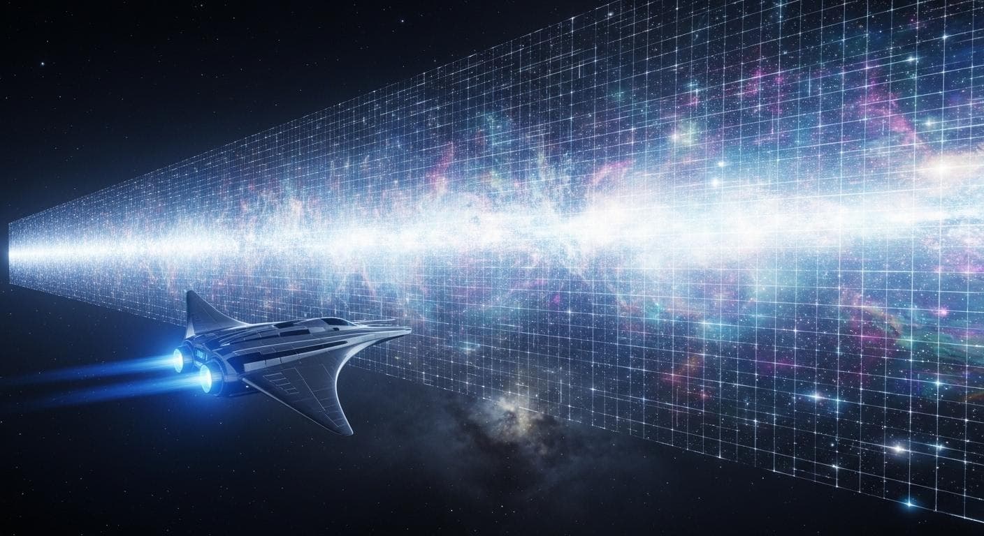 A futuristic spaceship approaching a shimmering, translucent grid wall in the vastness of deep space, representing the speed of light as an insurmountable computational barrier.