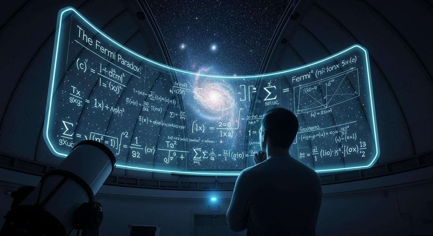 A thoughtful astrophysicist, seen from behind, looking at a complex equation representing the Fermi Paradox on a futuristic transparent screen in a darkened observatory.