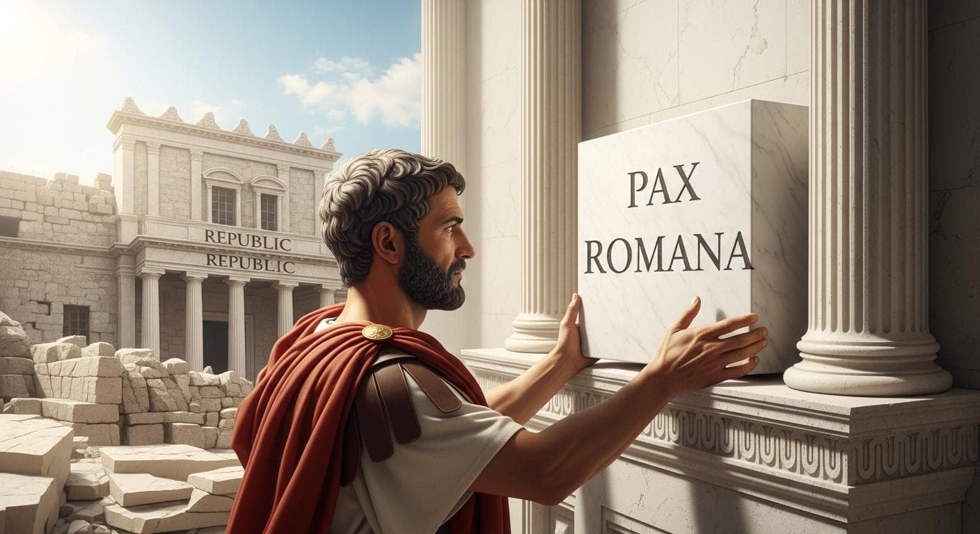 A Roman statesman, depicted conceptually, carefully places a marble block labeled 'PAX ROMANA' onto an elaborate new structure, while the crumbling facade of the old Roman Republic stands in the background, symbolizing the skillful creation of the Empire.