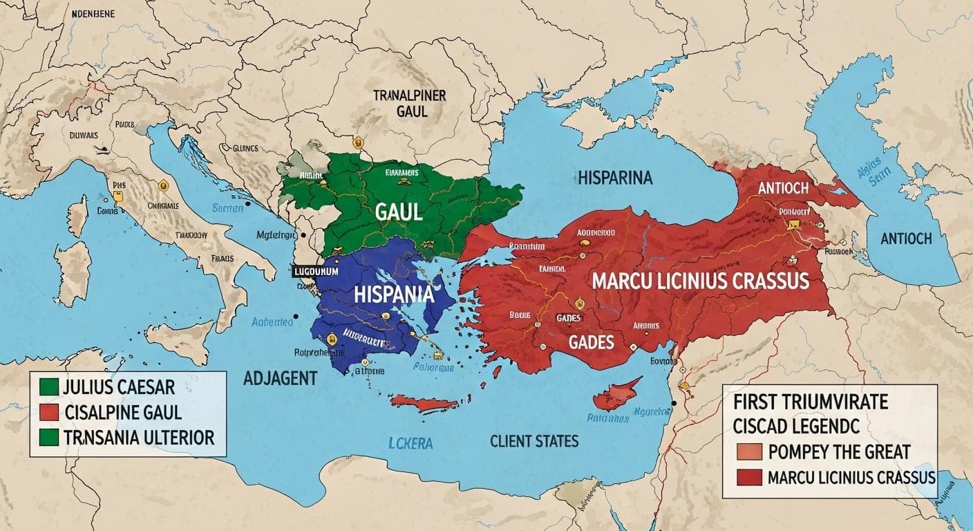 A conceptual map of the Roman Republic showing areas of influence for Caesar in Gaul, Pompey in Spain, and Crassus in Syria, illustrating the division of power in the First Triumvirate.