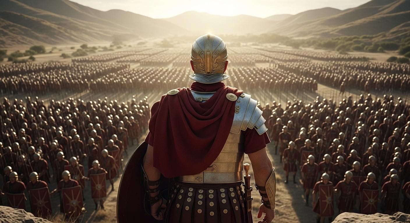 A Roman general, seen from behind in resplendent armor, looking out over his vast legions arrayed in perfect formation in a misty valley, symbolizing the shift of loyalty from the state to the individual commander.