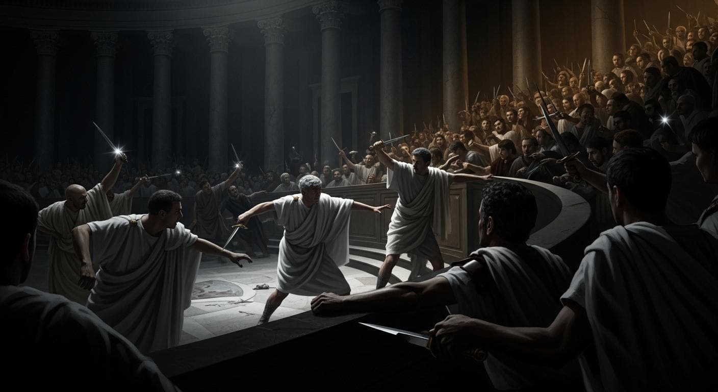 A chaotic and shadowy scene inside the Roman Senate, with daggers glinting in the dim light as a group of senators in togas surround and assassinate a central figure, capturing the betrayal and violence of the Ides of March.