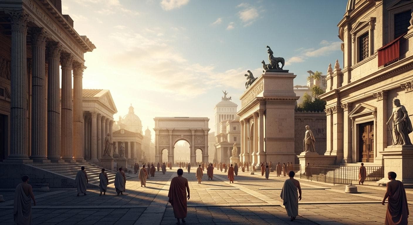 A majestic and awe-inspiring view of the Roman Forum, meticulously reconstructed with grand temples and bustling public squares under a golden sunrise, representing the peace, prosperity, and order of the Pax Romana established by Augustus.