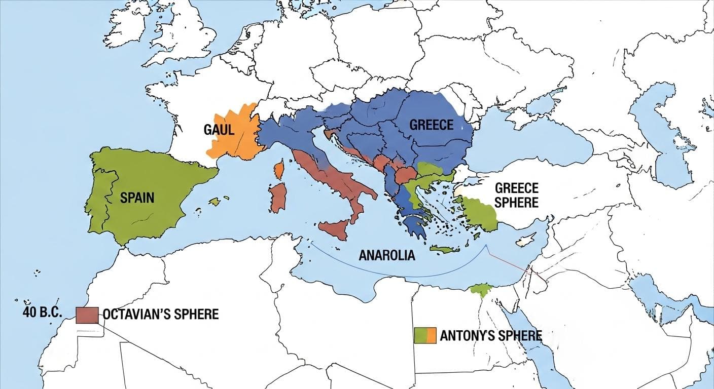 A strategic map of the Mediterranean, split down the middle. The western half is colored blue and labeled 'Octavian's Sphere,' while the eastern half is colored red and labeled 'Antony's Sphere,' showing the political division that led to the final civil war.