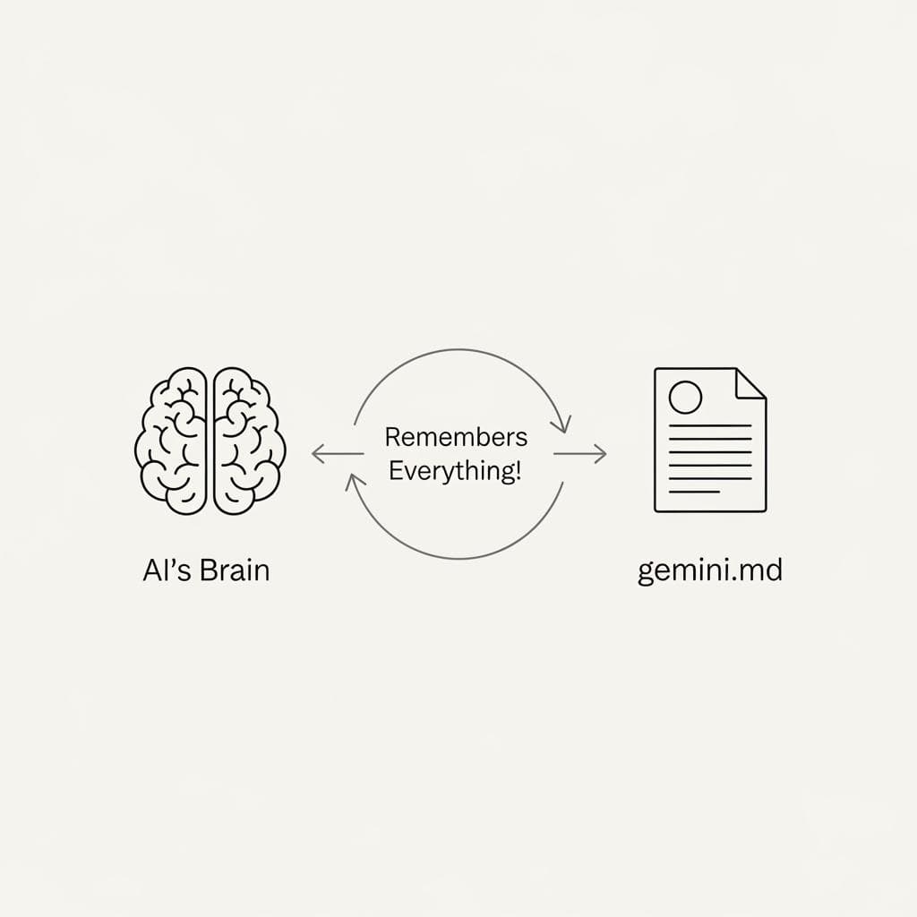 A simple, clean diagram showing a brain icon labeled 'AI's Brain' next to a document icon labeled 'gemini.md'. Arrows form a loop between them, with text that reads 'Remembers Everything!' illustrating the concept of a persistent context file.