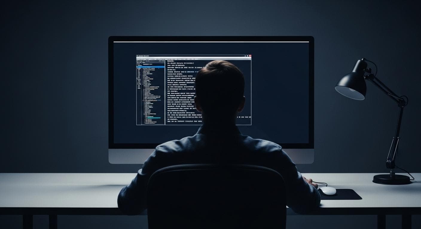 A conceptual image of a person sitting at a minimalist desk, viewed from behind. They are focused on a large computer monitor that displays only a single, glowing terminal window, conveying a sense of deep work and productivity.
