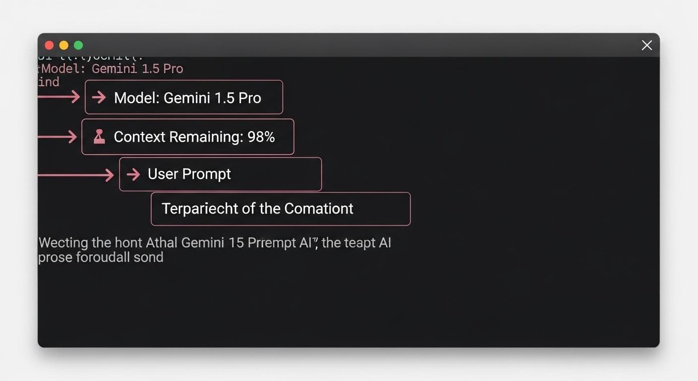 An image styled like a terminal screenshot showing the Gemini CLI interface. Text callouts point to specific elements: 'Gemini 1.5 Pro' is highlighted as the model, a '98% Context Left' indicator is shown, and the user's prompt about planning a getaway is clearly visible.