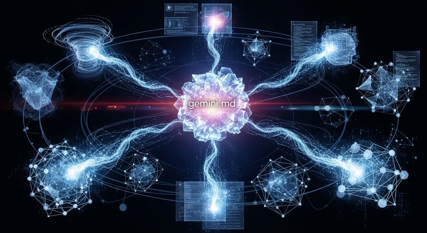 An abstract, futuristic visualization of data flows. A central, glowing node labeled 'gemini.md' emits streams of light that connect to various other nodes representing documents, plans, and research, symbolizing how the context file organizes an entire project.