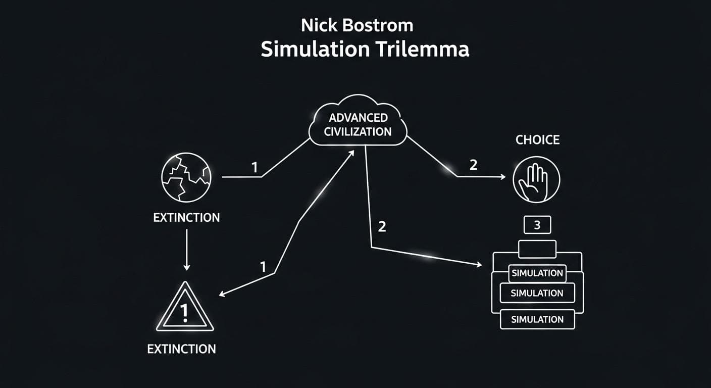 A conceptual diagram illustrating Nick Bostrom's Simulation Trilemma, showing three distinct branching paths against a cosmic background.