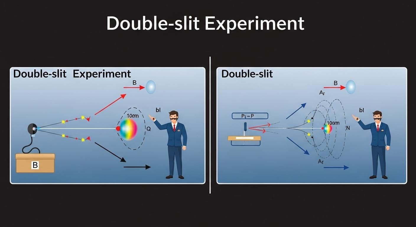 A clear, minimalist diagram showing the double-slit experiment, illustrating how particles create two distinct bands while unobserved waves create a wider interference pattern.