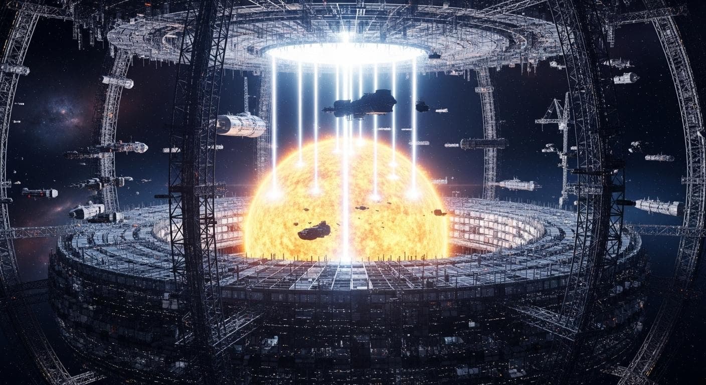 An artistic rendering of a massive Dyson Sphere, a megastructure built around a star to harness its energy, symbolizing the immense computational power needed for a universe-scale simulation.
