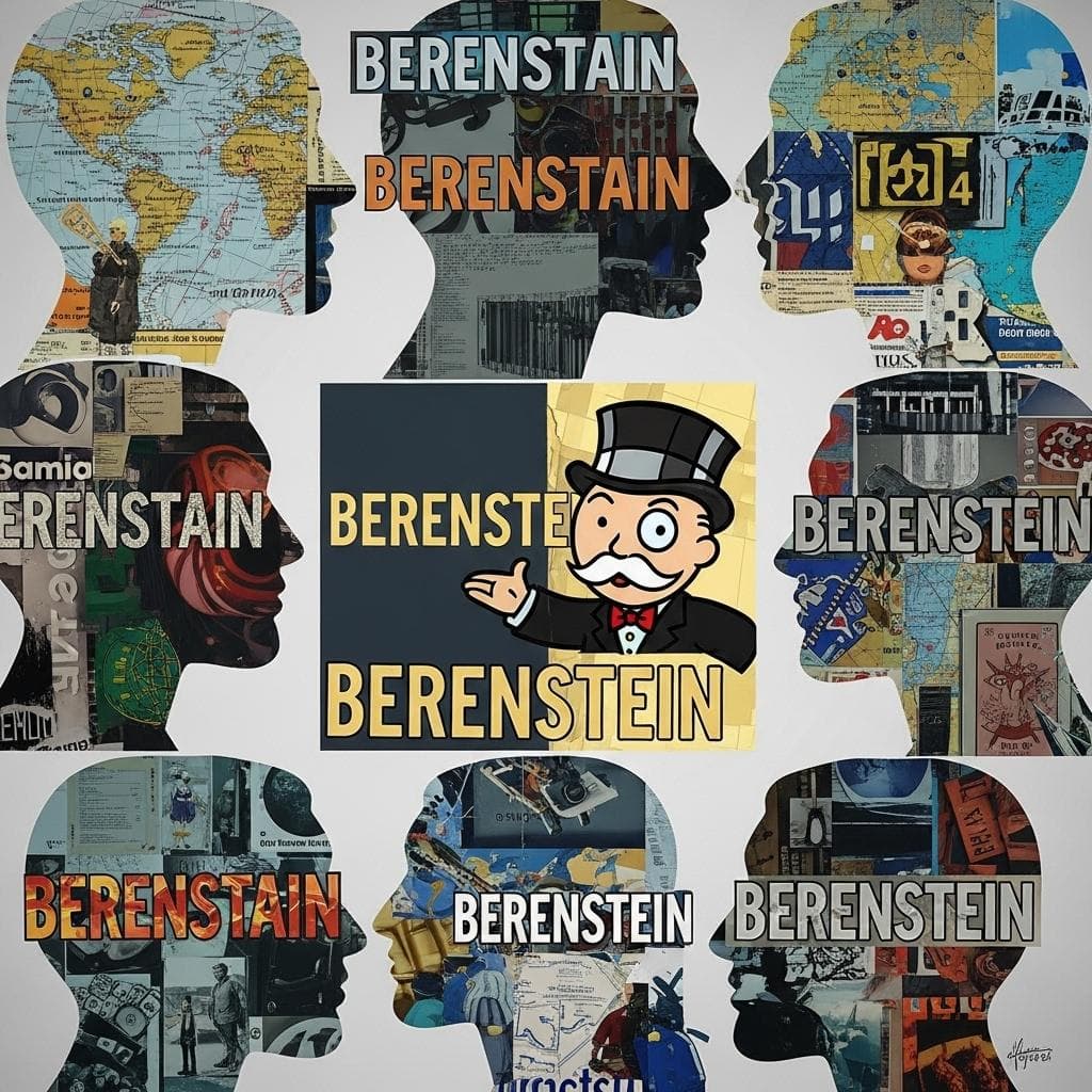 An abstract image representing the Mandela Effect, showing overlapping silhouetted heads with jumbled, conflicting text and images like 'Berenstain' and 'Berenstein' inside.