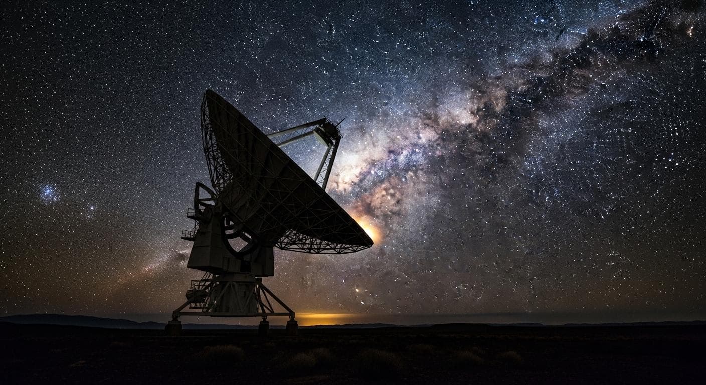 An awe-inspiring image of a lone, advanced radio telescope dish pointed towards a starry night sky filled with countless galaxies, symbolizing the search for extraterrestrial life and the profound silence of the Fermi Paradox.