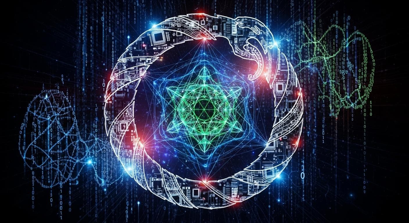 A conceptual artwork blending ancient Gnostic symbols and sacred geometry with glowing, modern digital circuit patterns and binary code, representing the Demiurge as a cosmic programmer.