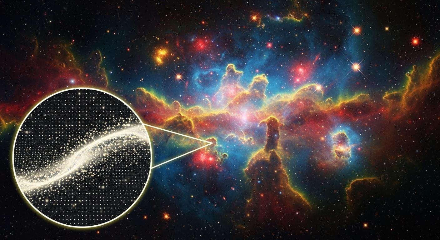 A vast, stunning cosmic nebula that, when examined closely at one edge, resolves into a faint, glowing grid-like structure, representing the pixelation of reality at the Planck scale.