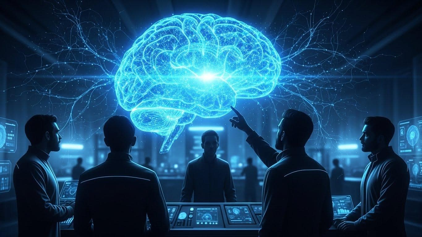 A conceptual image of scientists in a lab analyzing a complex digital brain hologram, representing the quest for AGI.