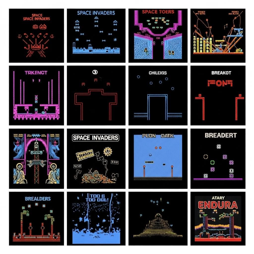 A grid of 16 different Atari 2600 game screens, demonstrating the variety of games mastered by DeepMind's DQN.