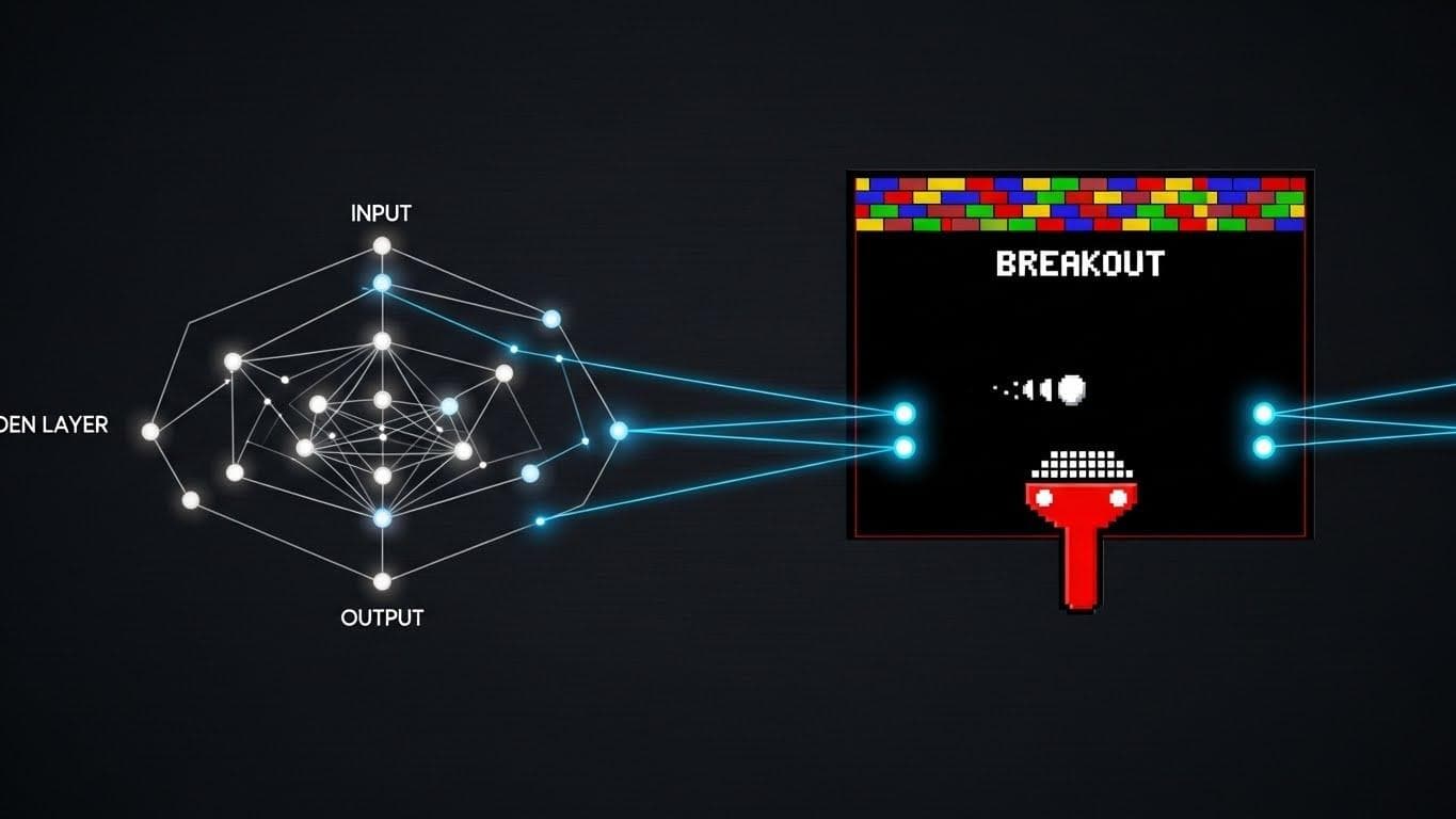 A diagram of a neural network connected by glowing lines to a classic 8-bit video game screen, representing the DQN concept.