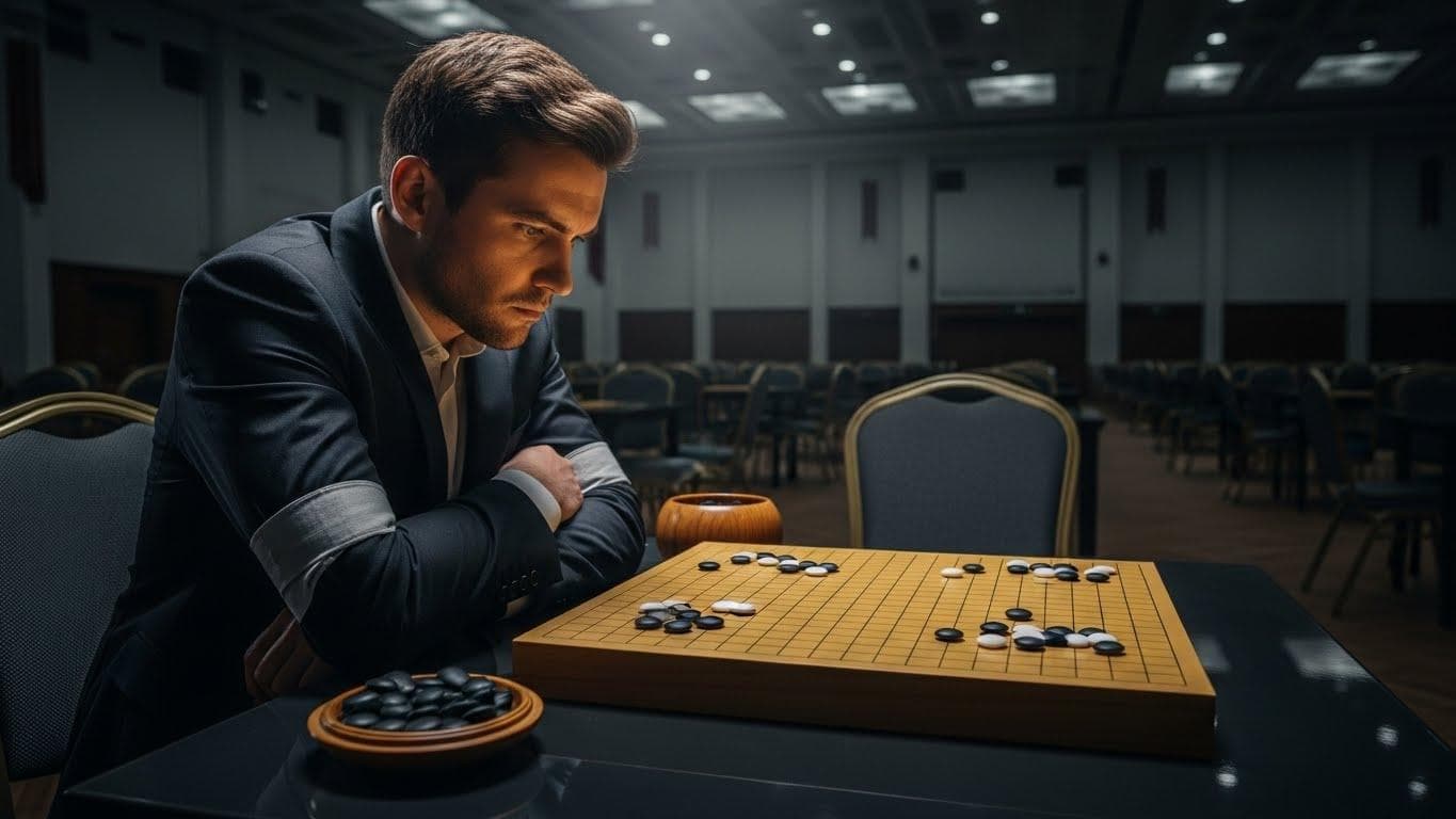 A dramatic photograph of Lee Sedol at a Go board in a silent tournament hall, the chair opposite him empty, symbolizing the match against an AI.