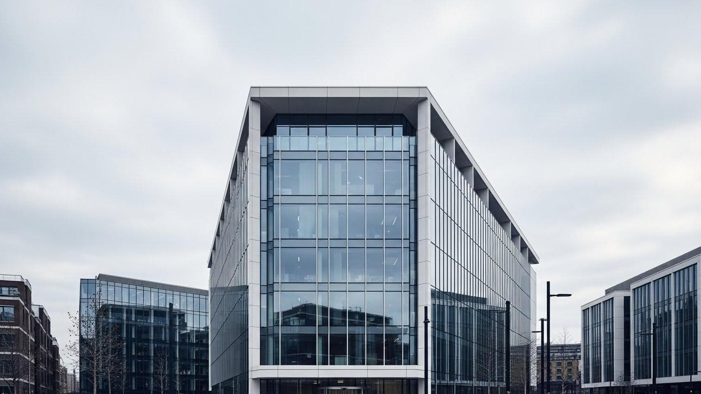 A clean architectural shot of the modern, glass-walled Google DeepMind headquarters in London.