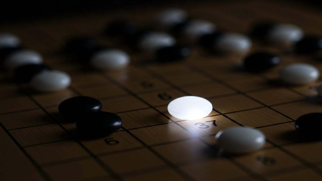 A close-up, high-contrast image of a Go board, with a single white stone highlighted on the fifth line, representing AlphaGo's infamous Move 37.