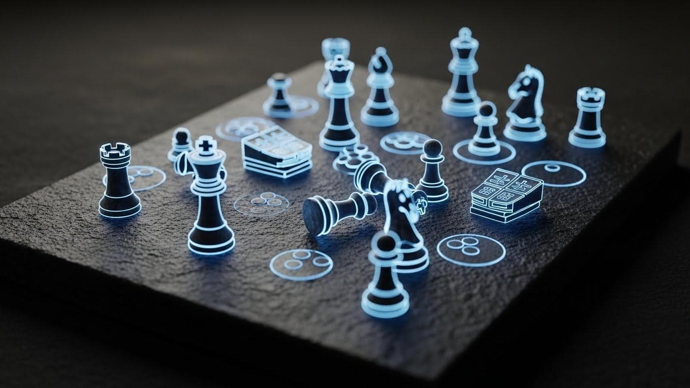 An abstract image of a blank slate where outlines of chess and Go pieces are beginning to form, symbolizing AlphaZero's tabula rasa learning.