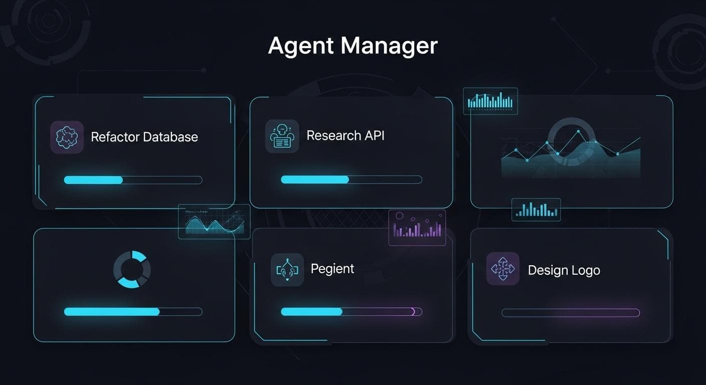 A futuristic dashboard interface for the Anti-Gravity Agent Manager, showing multiple AI agents working on different coding tasks in parallel, with progress bars and status indicators.