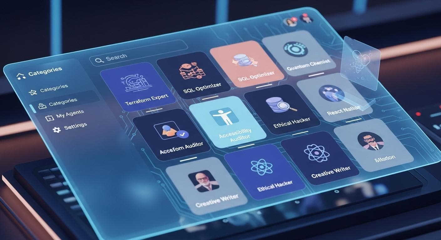 A futuristic digital storefront or marketplace labeled 'Agent-Hub', displaying various installable AI agents for specialized tasks like 'Terraform Pro', 'SQL Optimizer', and 'React Native Expert'.